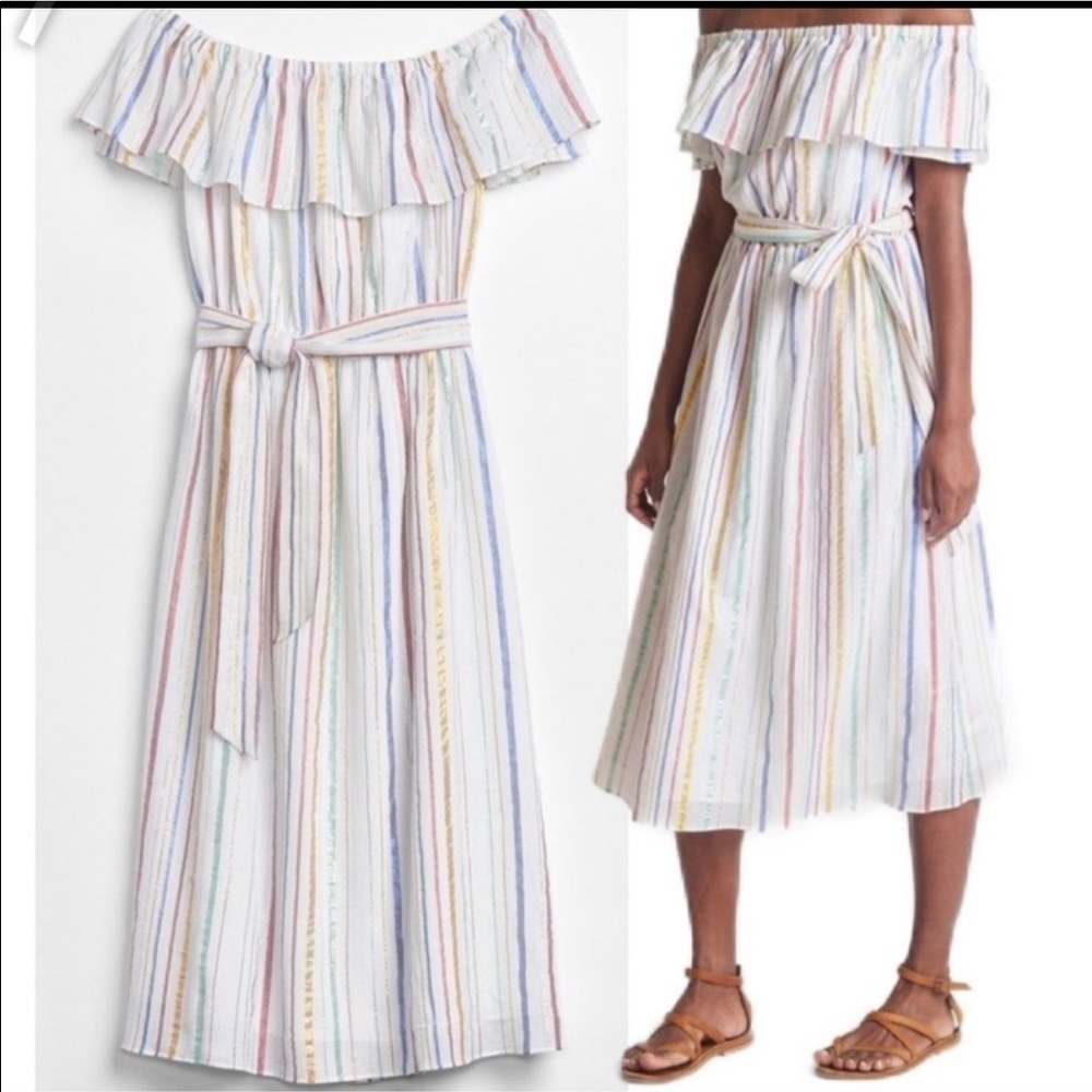 GAP Strapless White Pastel Metallic Stripe Ruffle Dress